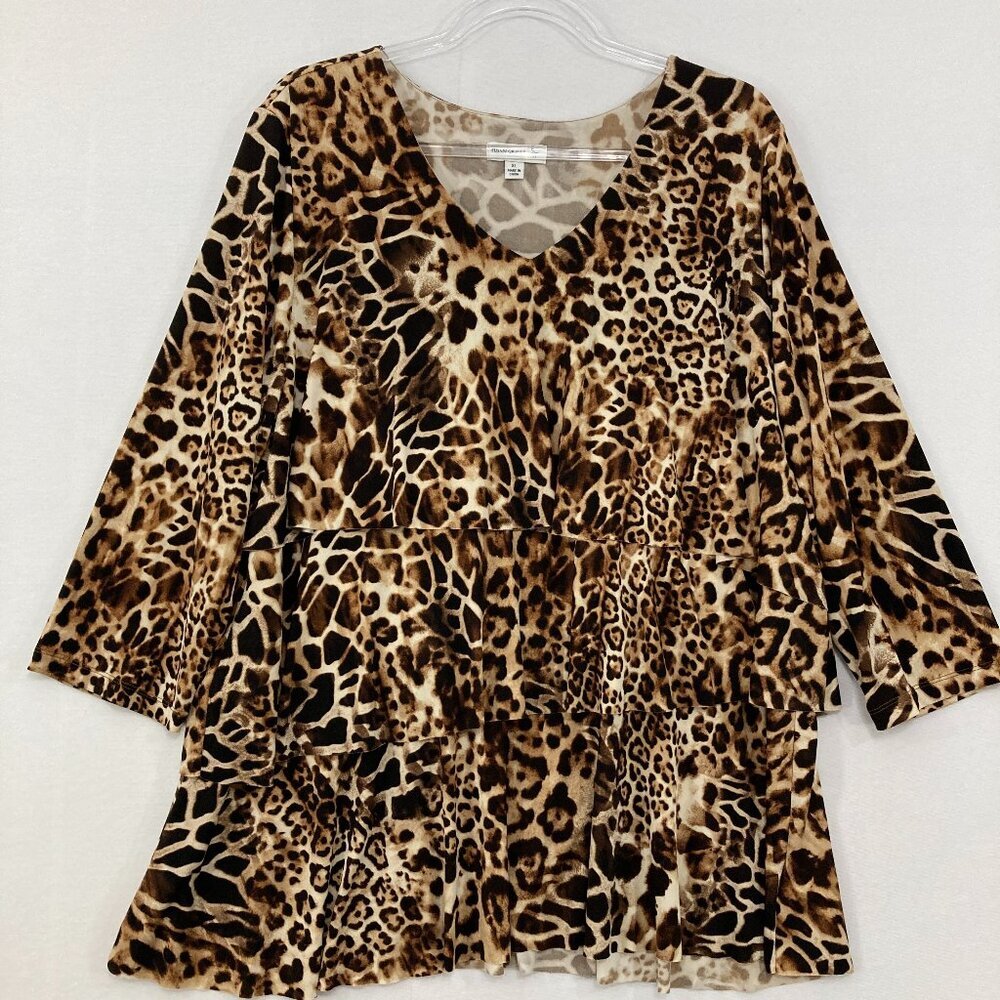 Susan Graver size XL Black Brown Leopard Print Tiered Stretch Liquid Knit Blouse